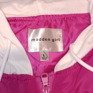 Madden Girl 2pc Hot Pink Hooded  Puffer Vest and White Pull on  pants L NWT.